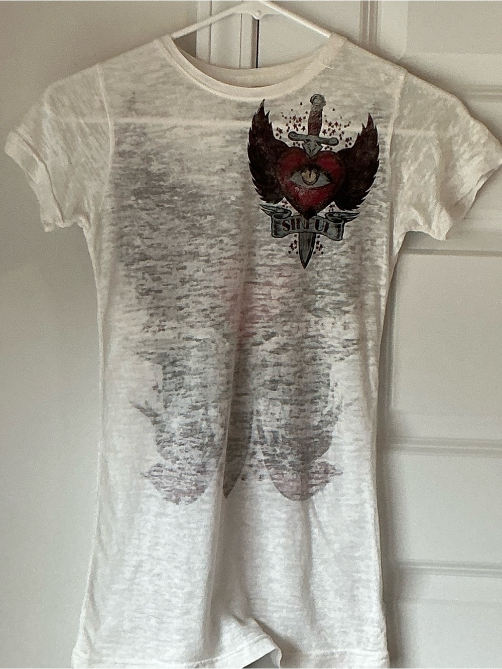 Sinful White Burn outs Short Sleeve Tee with Red Heart and Black Wing Graphic